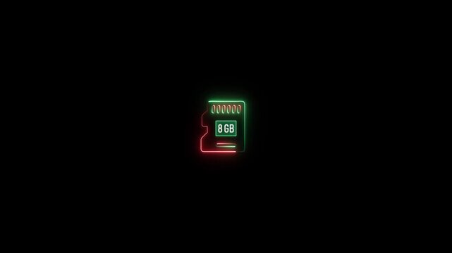Micro S D card 8 GB icon glowing neon line motion graphic animation on black background. Data memory chip concept, memory card symbol.