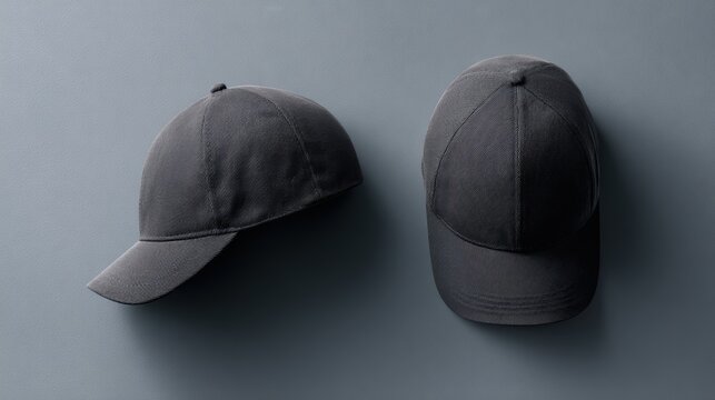 Black baseball caps mockup, showing front and back side, minimalist gray background, realistic fabric texture