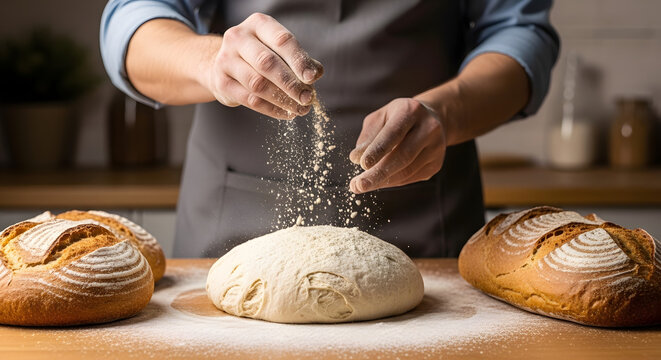 Baker sprinkles flour on dough among loaves in kitchen environment