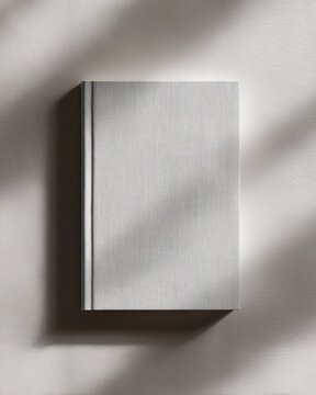 Hardcover book mockup, front cover view, dust jacket texture, minimalist aesthetic