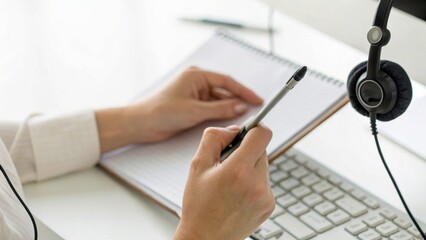 A person holding a pen and writing on a notepad beside a keyboard and a headset on a desk, suggesting a work or study environment.
