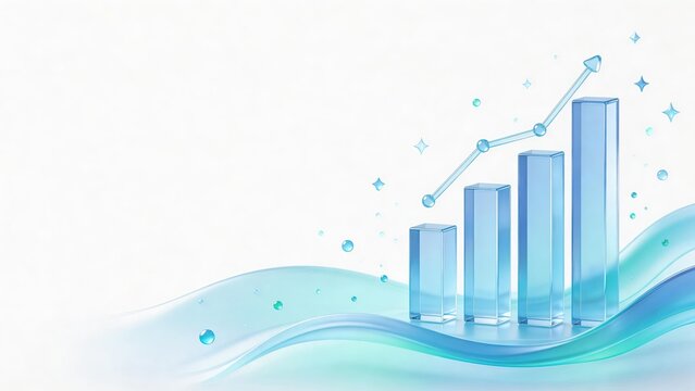 Medical SaaS data growth with glass bar chart and rising arrow on white background with wave