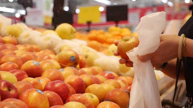 A woman selects apples from a fruit display in a supermarket, surrounded by rows of red and green apples. Healthy lifestyle.