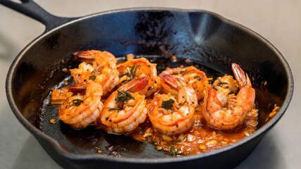 Sizzling garlic butter shrimp in a cast iron skillet.