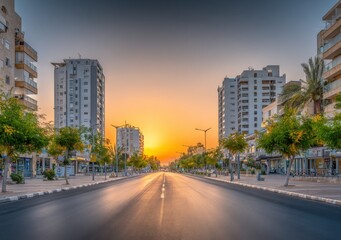 Fototapeta premium Urban Sunrise: A Serene Morning View of a City Street with Modern Buildings