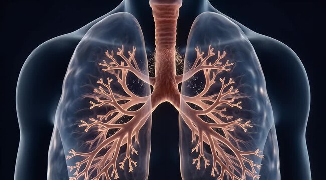 3D Animation of Human Lungs with Particles Entering through Trachea, Slow Motion, Seamless Loop, symbolizing respiratory health and air quality