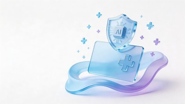 futuristic AI shield protecting medical payment card representing secure healthcare financing and data privacy concept, innovation science illustration