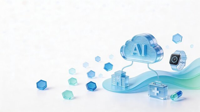futuristic AI medical cloud connecting wearable watch, clinic, and medicine representing integrated healthcare ecosystem and smart pharmacy concept, innovation science illustration