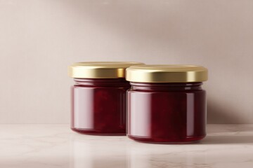 Cherry jam jar mockup, two jars, blank labels, deep red jam, elegant presentation