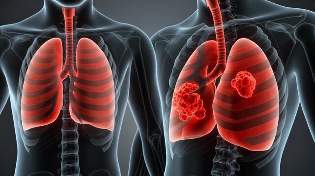 Human lungs comparison showing healthy and cancerous states with anatomical detail from a frontal viewpoint