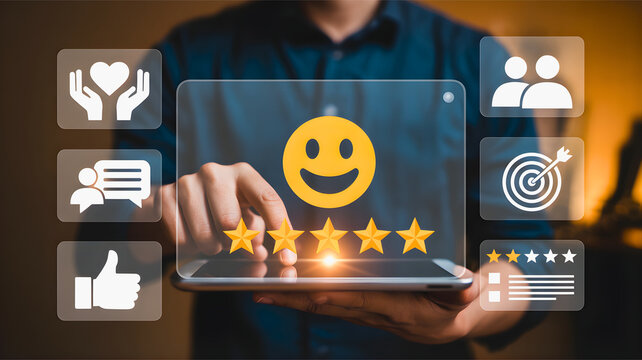 Customer satisfaction and feedback concept represented by a person using a tablet with icons and star ratings