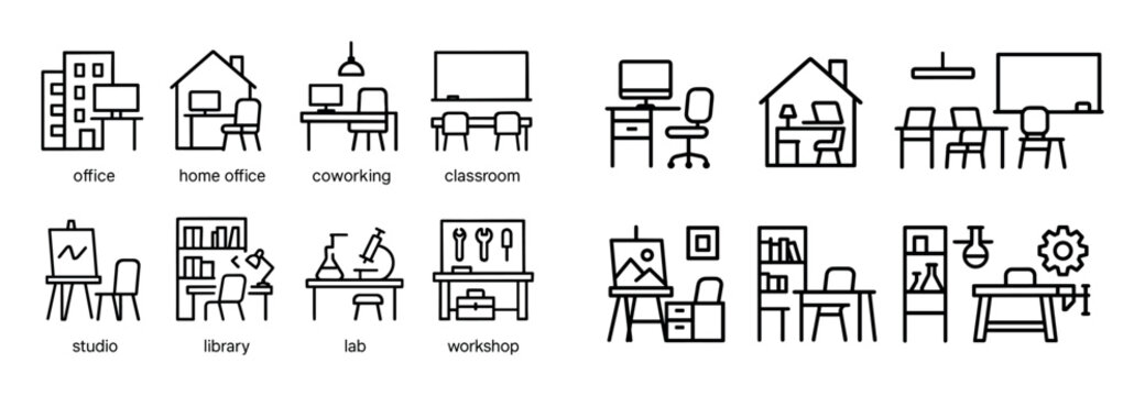 Workplace icons with desk chair lamp minimal outline