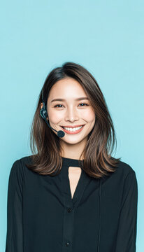 A smiling woman with long hair wearing a black shirt and headset stands against a light blue background, ready to assist or communicate.