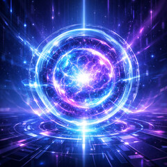 Fototapeta premium Futuristic Energy Sphere Background with Glowing Blue Purple Digital Core, Sci-Fi Cyber Technology Power Effect
