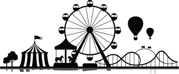 Amusement park silhouette with ferris wheel, roller coaster and circus tent, carnival entertainment vector illustration isolated on white background