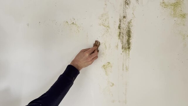 Man wiping wet bleach stains from wall after mold removal. Cleaning damp surface and disinfecting home interior, household sanitation and hygiene process

