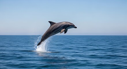 Naklejka premium Jumping dolphin in clear blue ocean water under a cloudless sky