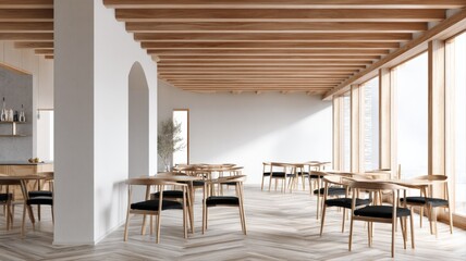 Fototapeta premium Modern Restaurant Interior with Wooden Tables, Chairs, and Natural Light for Commercial Use