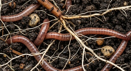 Fototapeta premium Close up of earthworms and roots in rich dark soil with overhead lighting