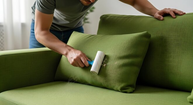 Person removes lint from green sofa cushion with lint roller.