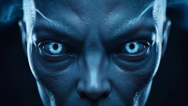 Bald man with blue skin and intense gaze staring forward dramatically