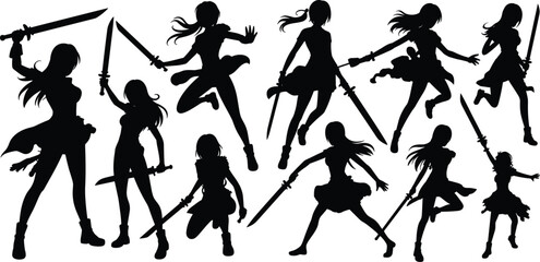 Female sword fighter silhouette set with anime warrior poses action heroine characters holding swords for fantasy game combat design