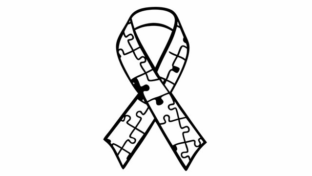 Black line art illustration of a puzzle piece ribbon for autism spectrum disorder awareness