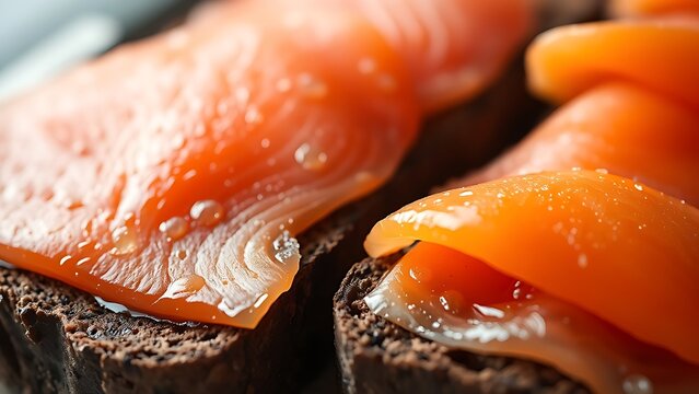tonalite. Close-up of oily smoked salmon slices on dark rye bread. menu design, packaging mockups, designed for culinary blogs and recipe cards for restaurants, used by interior designers.