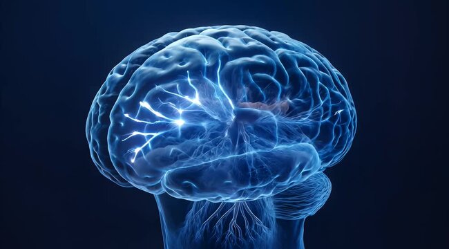 Glowing Human Brain with Electric Neural Activity Pulsating through Cortex in Vibrant Blue, Seamless Loop, symbolizing cognitive function and neurological activity