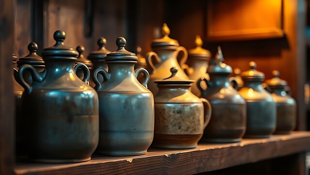 flagons. Rustic ceramic and pewter flagons with lids on wooden shelf in warm light. bar promotions, beverage menus, designed for product packaging and bar promotions, used by marketing managers.