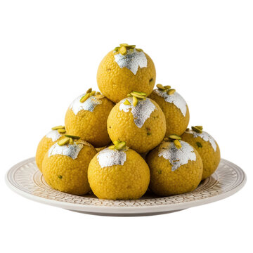 Delicious golden sweet laddu prasadam served on a white plate with silver leaf transparent background
