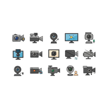 Collection of various camera and video recording device icons in gray and blue hues