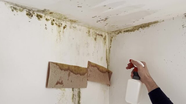 Man spraying bleach cleaner on moldy wall corner in damp room. Mold removal process and disinfecting household wall surface with cleaning spray