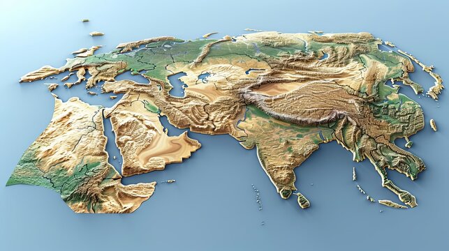 Highly Detailed 3D Topographic Map of Asia and the Middle East Featuring Mountains and Deserts