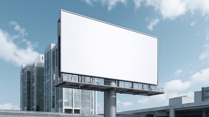 Fototapeta premium Blank Billboard Mockup Against Blue Sky and Urban Buildings for Advertising and Marketing Campaigns
