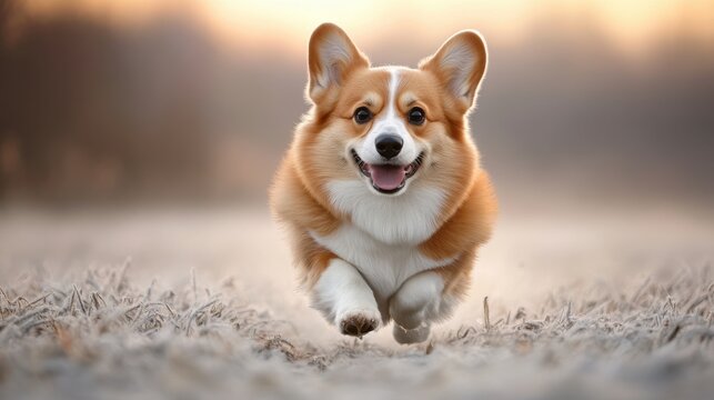 Happy Corgi dog running toward the camera with joyful expression