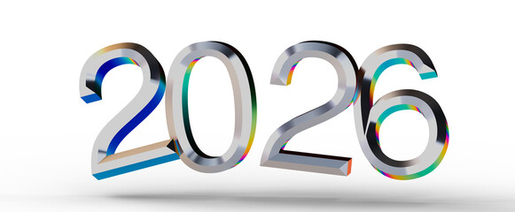 3D rendered illustration of the year 2026 in shiny metallic silver, featuring a colorful gradient effect and isolated on