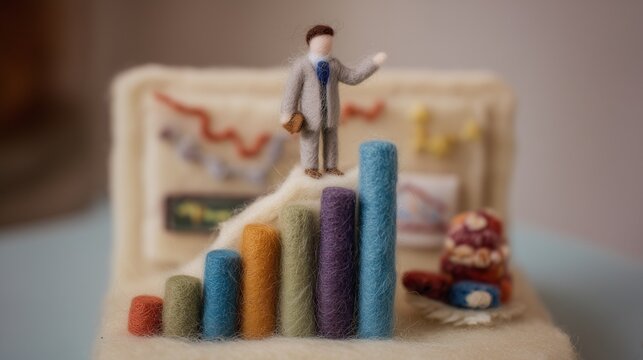 A felted wool figure of a business leader standing on top of a rising bar chart, handcrafted with soft fibers, uneven stitching, and visible textures, set within a miniature diorama of a felt financia