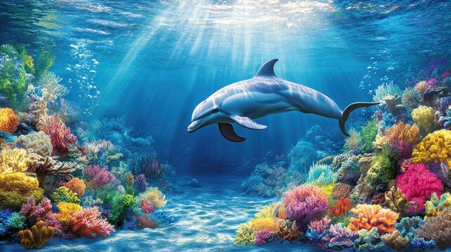Dolphin swimming through radiant waters near a colorful coral reef