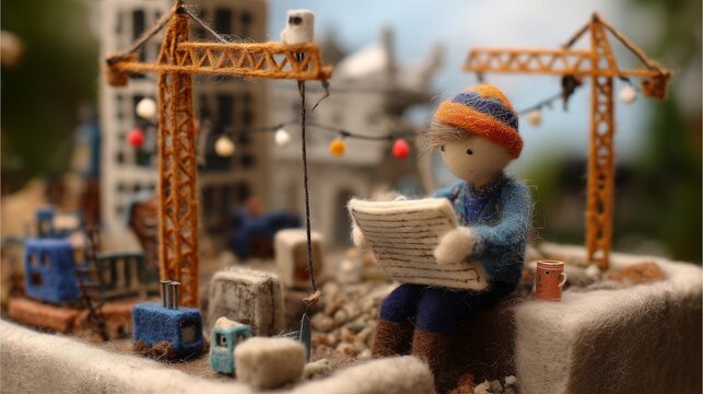 A felted wool figure of a civil engineer studying a blueprint, handcrafted with soft fibers, uneven stitching, and visible textures, set within a miniature diorama of a felt construction site with cra