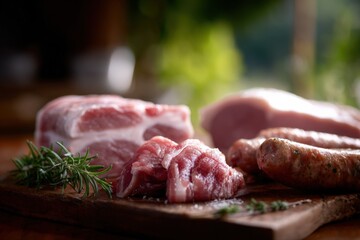 Raw Meat Assortment on Wooden Board: Pork, Sausages, Herbs, Ready for Grilling or Cooking