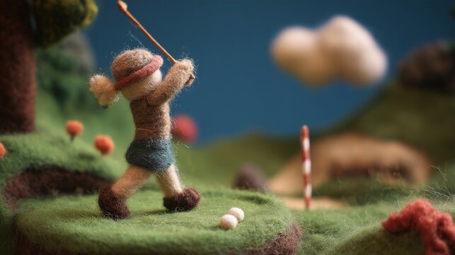 A felted wool figure of a golfer swinging a club, handcrafted with soft fibers, uneven stitching, and visible textures, set within a miniature diorama of a felt golf course with a small flag and sand 