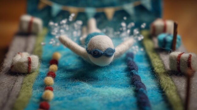 A felted wool figure of a swimmer diving into water, handcrafted with soft fibers, uneven stitching, and visible textures, set within a miniature diorama of a felt swimming pool with tiny lane divider