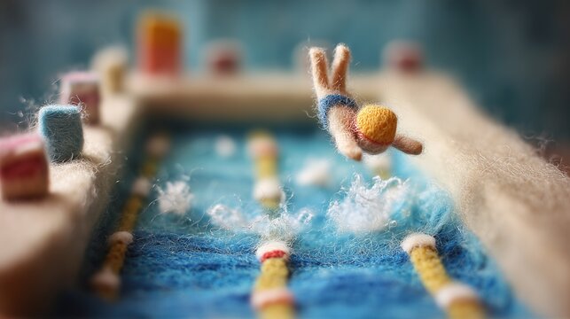 A felted wool figure of a swimmer diving into water, handcrafted with soft fibers, uneven stitching, and visible textures, set within a miniature diorama of a felt swimming pool with tiny lane divider