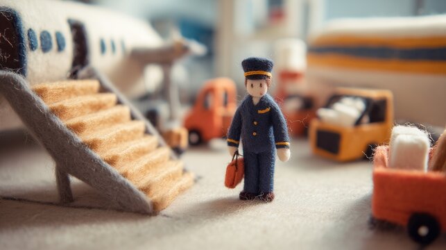 A felted wool figure of an airline pilot standing beside an aircraft, handcrafted with soft fibers, uneven stitching, and visible textures, set within a miniature diorama of a felt airport apron with 