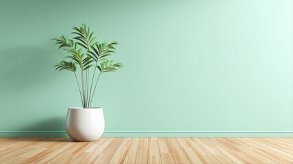 Naklejka premium Minimalist interior design featuring a potted palm plant against a pastel green wall, perfect for backgrounds