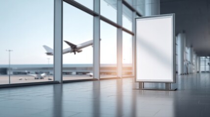 Fototapeta premium Blank Advertising Billboard at Airport Terminal with Airplane Taking Off in Background, Ideal for Mockup