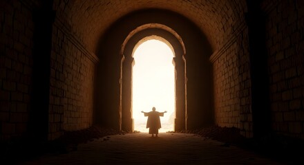 Fototapeta premium Silhouette of Man Standing with Arms Outstretched in Ancient Stone Archway