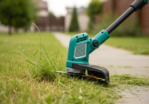 A green lawn edger on a sidewalk