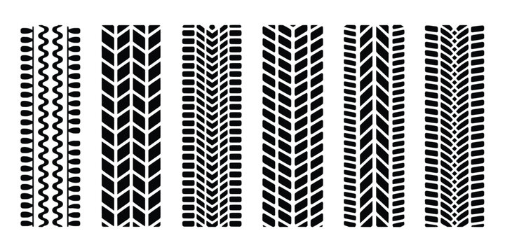Tire, track set, tire trace collection, vehicle road marks and motion trail symbols, editable vector illustration isolated on transparent background.